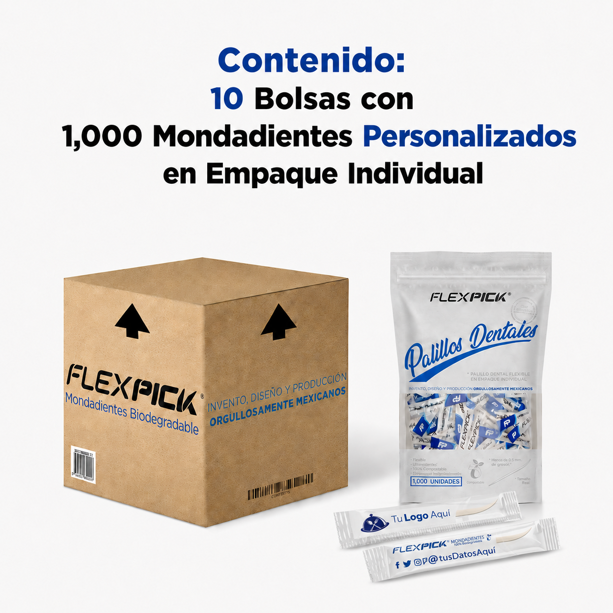 Palillos Dentales Personalizados Flexpick® 10,000 piezas | Con Logo de tu Negocio